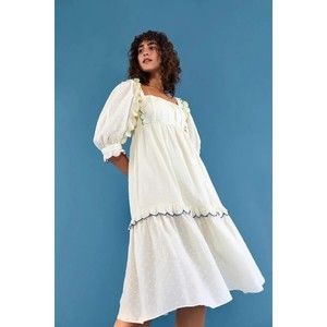 Farm Rio Women's Textured Puff Sleeve Midi Dress In Off White size M